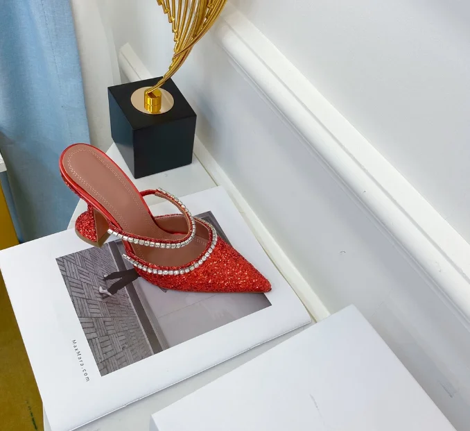 

Summer sexy leather pointed high heel sandals and slippers fashion silver crystal shiny Korean style stiletto half slippers