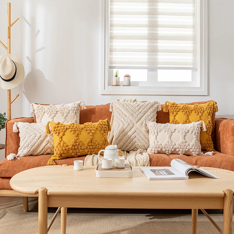

Beige Yellow Tassels Cushion Cover 30x50cm/45x45cm Embroidery Pillow Cover Home Decor Sofa Pillowcase Macrame Pillow Sham