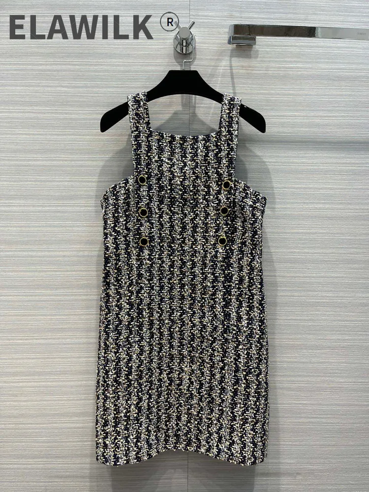 

Шерстяное твидовое платье на бретелях, женское двубортное мини-платье с украшением, роскошное Брендовое трикотажное платье, осень 2021