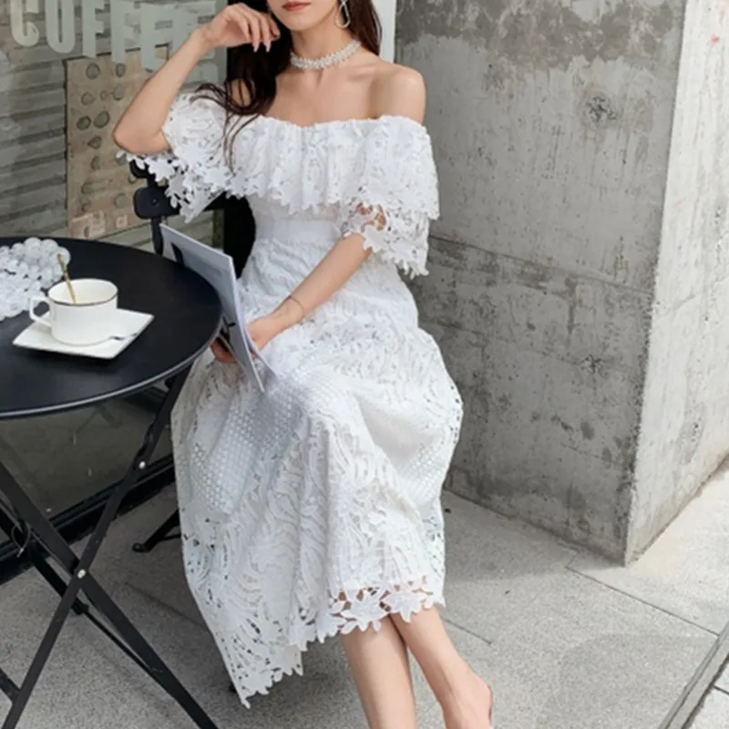 

2021 New Summer Embroidery Lace Hollow Out Sexy Dresses Women Slash Neck High Waist Vintage Party Long Dresses Vestidos