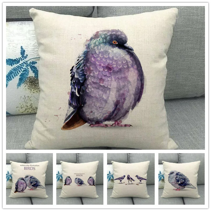 

Watercolor animal print Cushion Cover cute Fat Birds Fauxlinen Decorative Pillow Cases Sofa Couch Bedroom Home Decoration 45*45