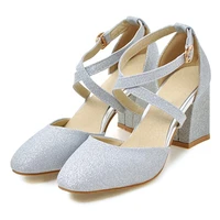 agodor glitter high heels ankle strap womens pumps mit buckle 2020 spring summer sequins block heel wedding ladies shoes silver