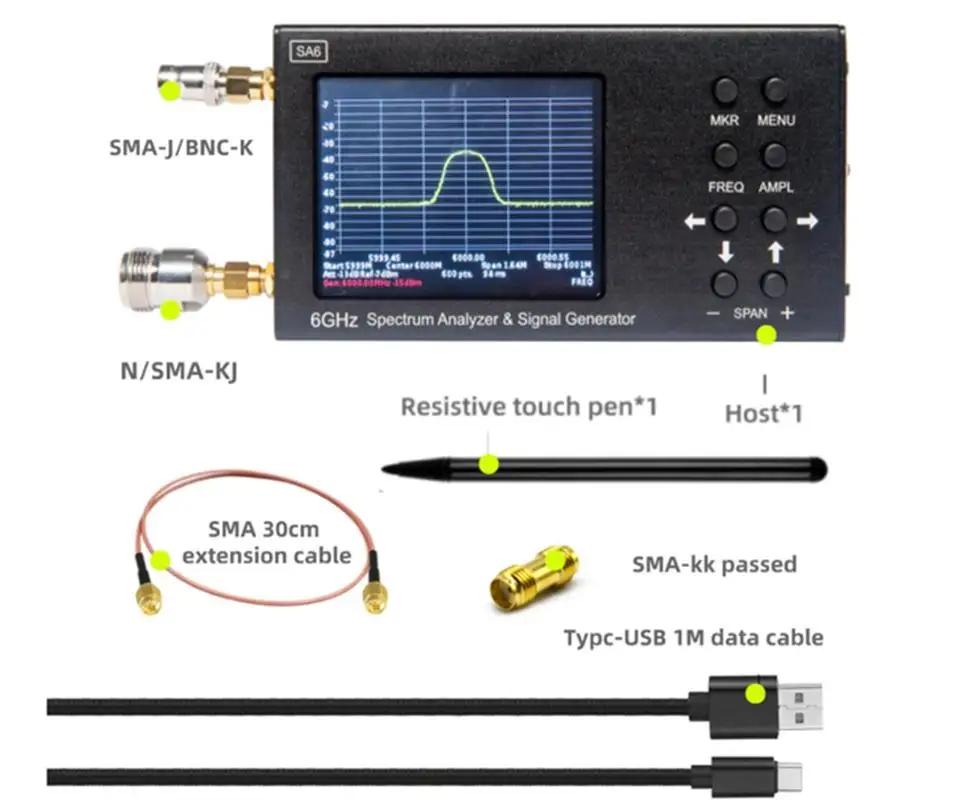 

New 6GHz SA6 RF Spectrum Analyzer Spectrum Explorer Signal Genertor With Tracking Generator 3.2 inch Touch Screen 35MHz~6.2GHz