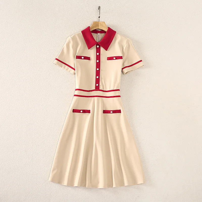 

New Korean Dress 2021 Summer Clothes Women Turn-down Collar Color Block Strap Patchwork Short Sleeve Slim Fit A-Line Dress Chic