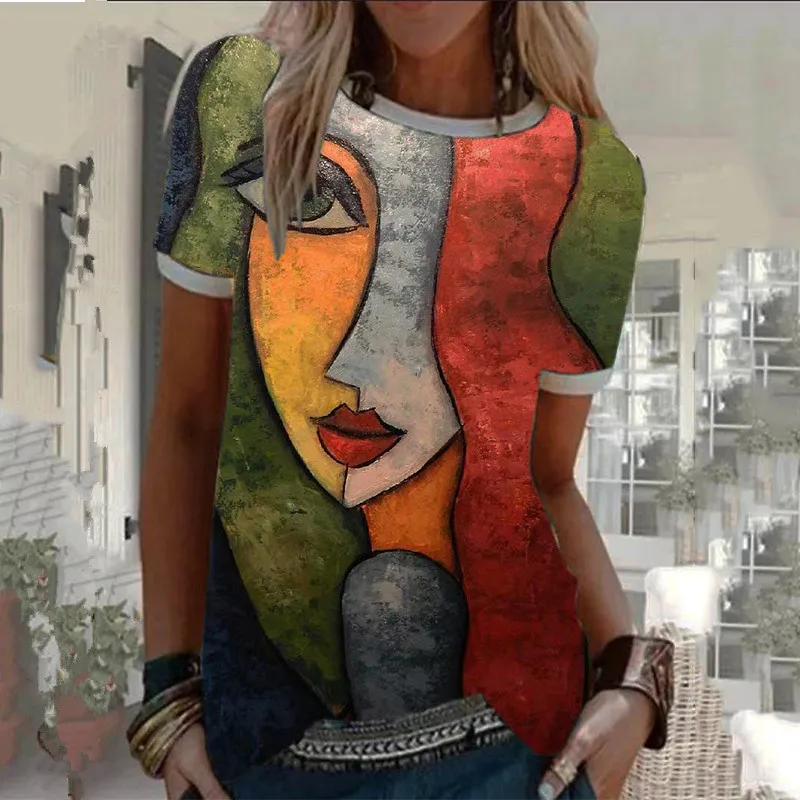 

Abstract Beauty Print Graphic T Shirts for Women Vintage Loose Caasual O Neck Short Sleeve Fashion Tops 2021 Summer Plus Size