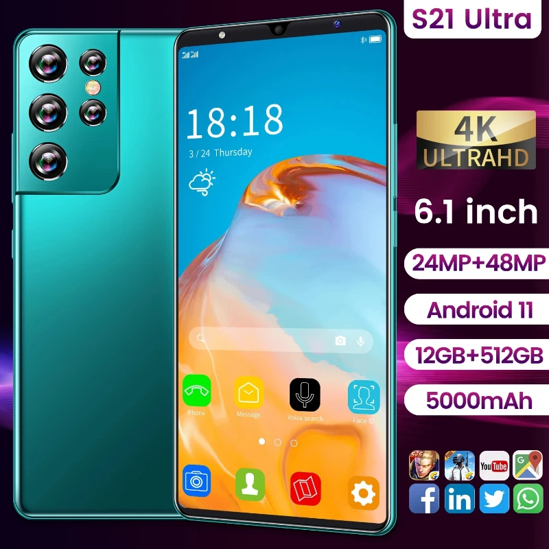 

Global Version 6.1 Inch S21 Ultra Smart Phone Andriod 11 12GB+512GB 5000mAh Face ID Dual SIM+ SD Fingerprint Unlock Cell Phon