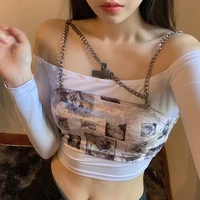 harajuku punk women off shoulder slash neck long sleeve t shirt and pattern print chains camisole two pieces set streetwear