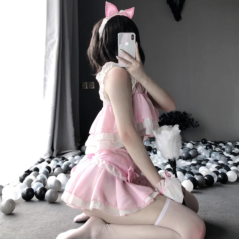 

Lolita Sexy Underwear Cos Cat Cartoon Uniform for Women Temptation Tube Top Mini Skirt with Tail Erotic Lingerie Devil Cosplay