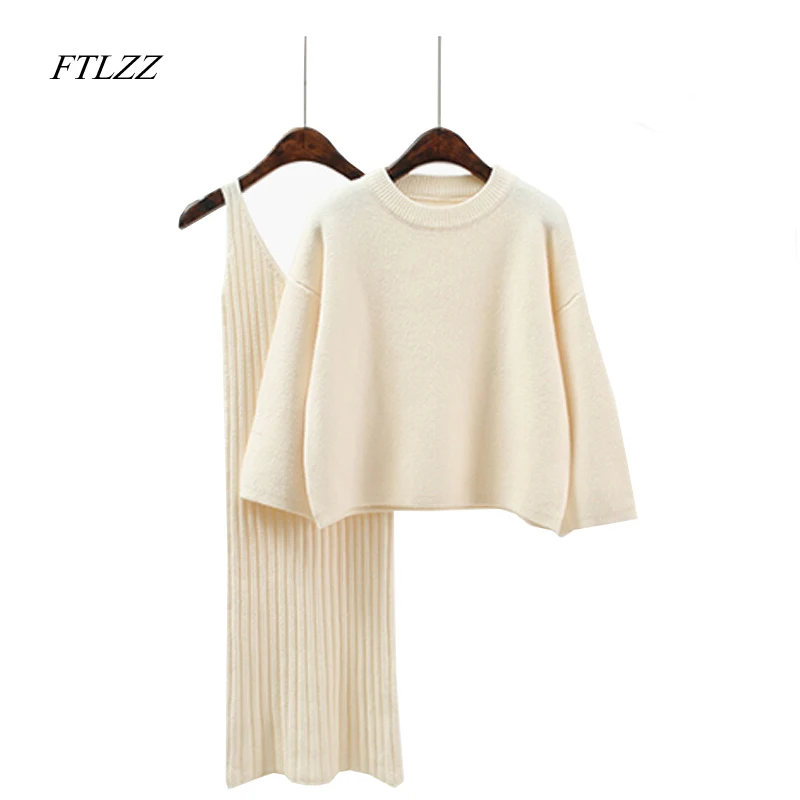 FTLZZ костюм из двух частей женский свитер платье набор весна зима О образный вырез