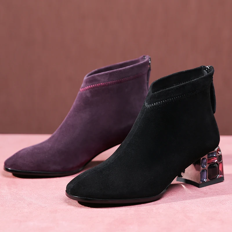 ISNOM высокие ботинки на каблуках с кристаллами женские ботильоны обувь квадратным