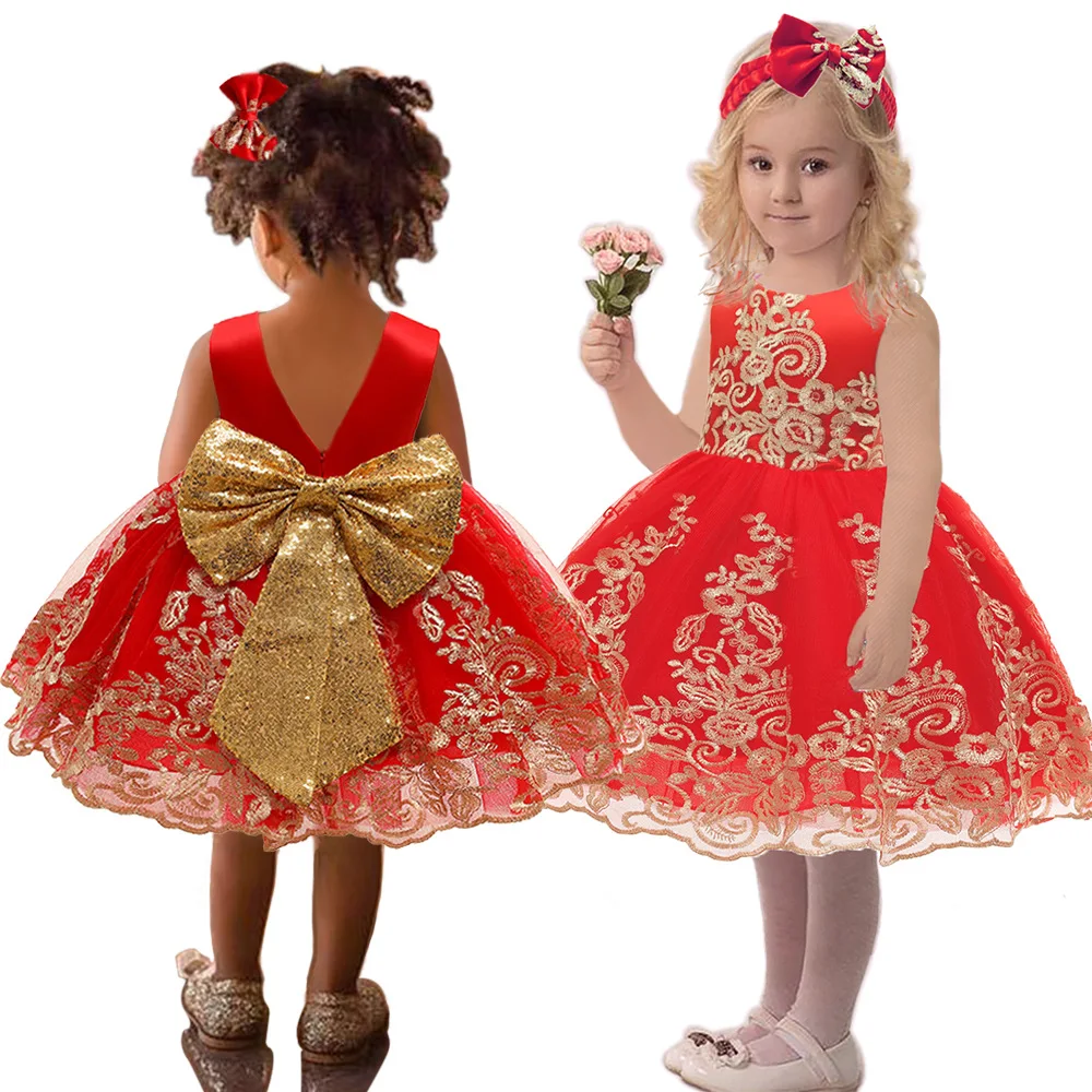 

2021 Style Cute Baby Girl Birthday Party Dress For Girls Lace Puffy Ball Gown Bow Embroidery Princess Dresses Christmas Costume