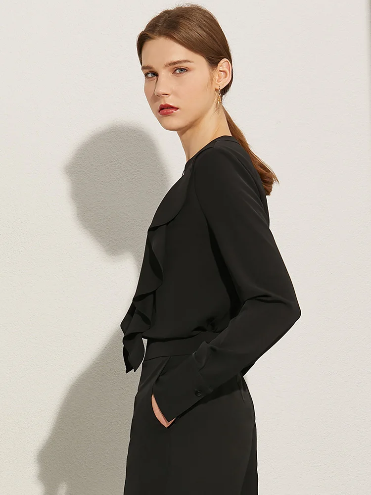 

Amii Minimalism Autumn French Style Women's Blouse Fashion Solid Ruffed Neck Loose Women's Shirt Causal Female Tops 12040366