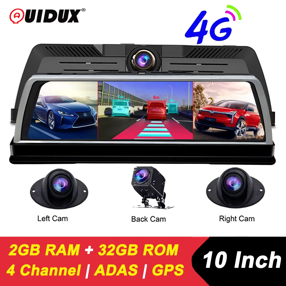 Видеорегистратор автомобильный QUIDUX 10 дюймов 4G ADAS Wi Fi GPS Android 1080P 2 + 32