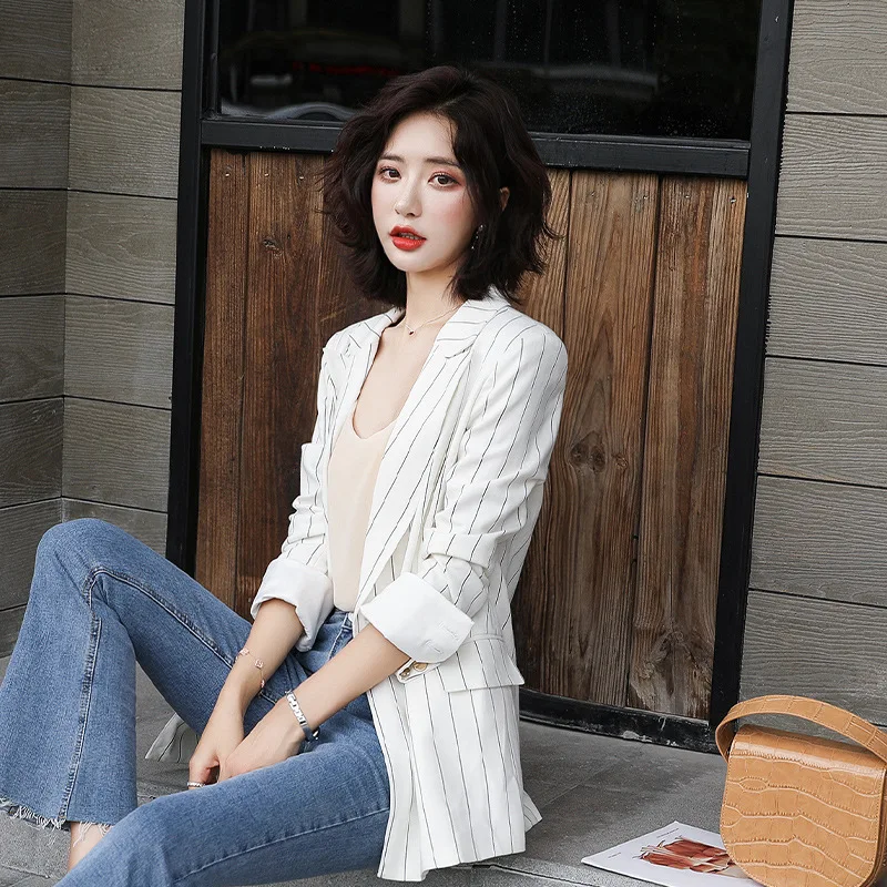 Женский пиджак и пальто новинка 2019 Осенний двубортный черный блейзер в полоску