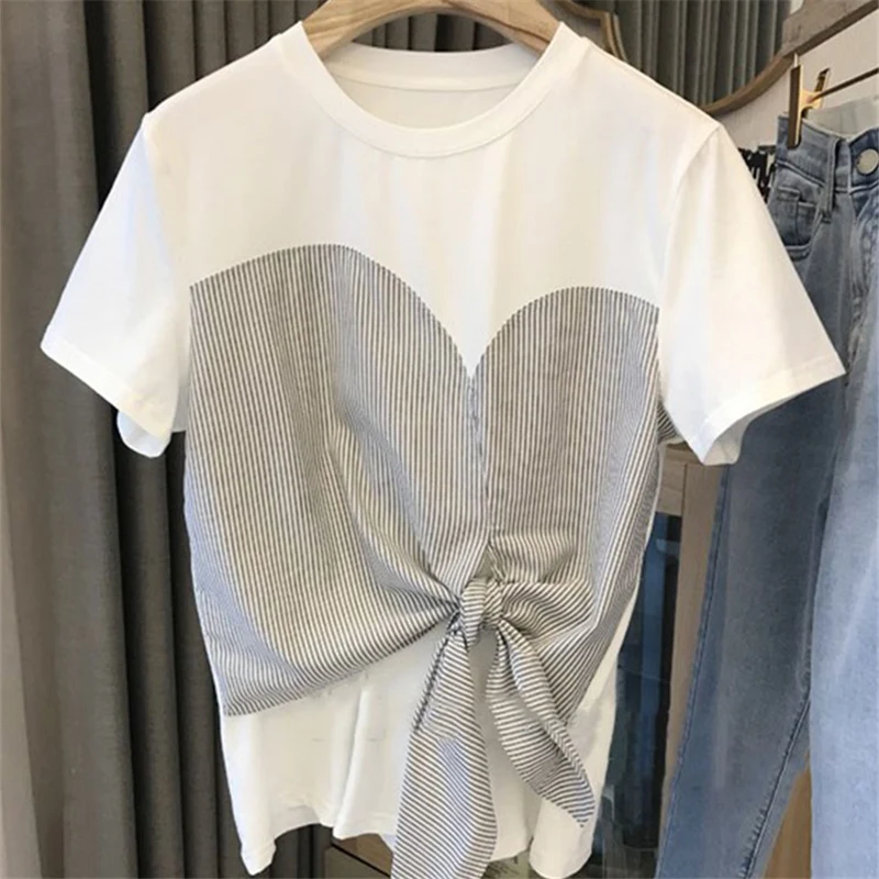 

Fashion All-Match Women Chic Loose Splicing T-Shirts Cotton Striped Knotted Round Neck Short Sleeve Tees Lady Tops Ins Free Ship