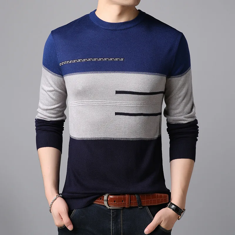 Мужской свитер с круглым вырезом в полоску облегающая трикотажная одежда из