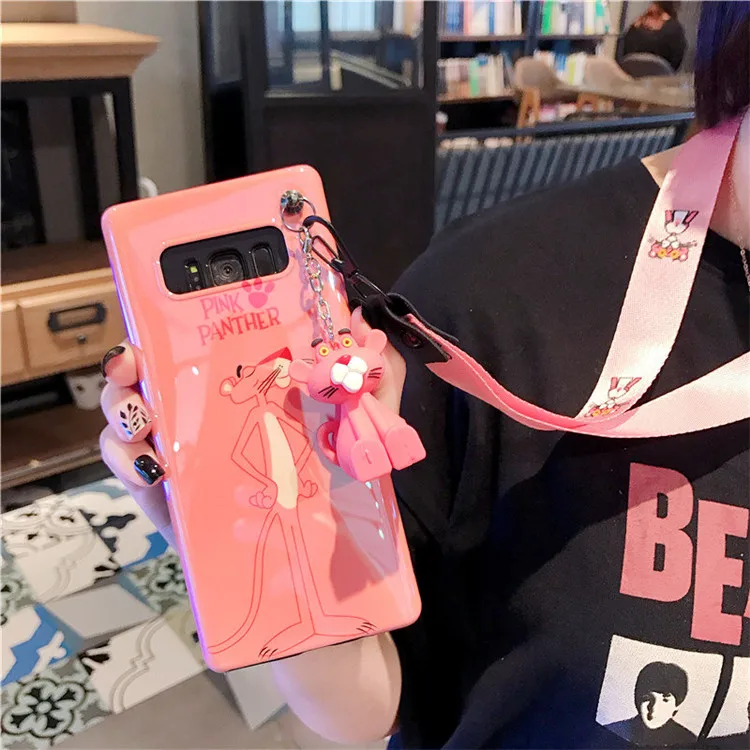 Чехол Sam S10 plus с милой розовой пантерой, мягкий чехол для Samsung Galaxy S8 S9 note8 note9+ игрушка+ ремни