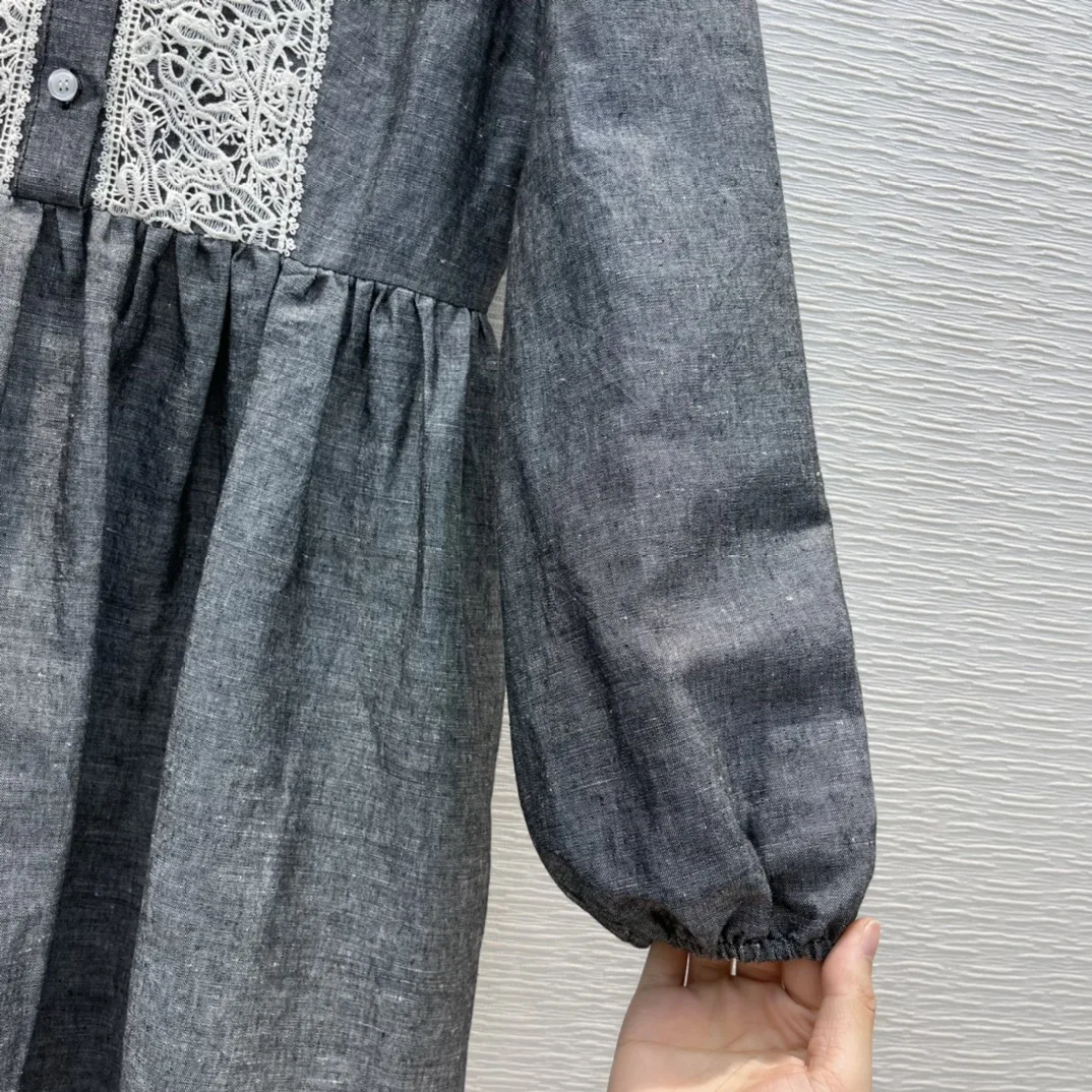 

2021 new women fashion long-sleeved lapel water-soluble lace embroidered cotton and linen gray dress 0427