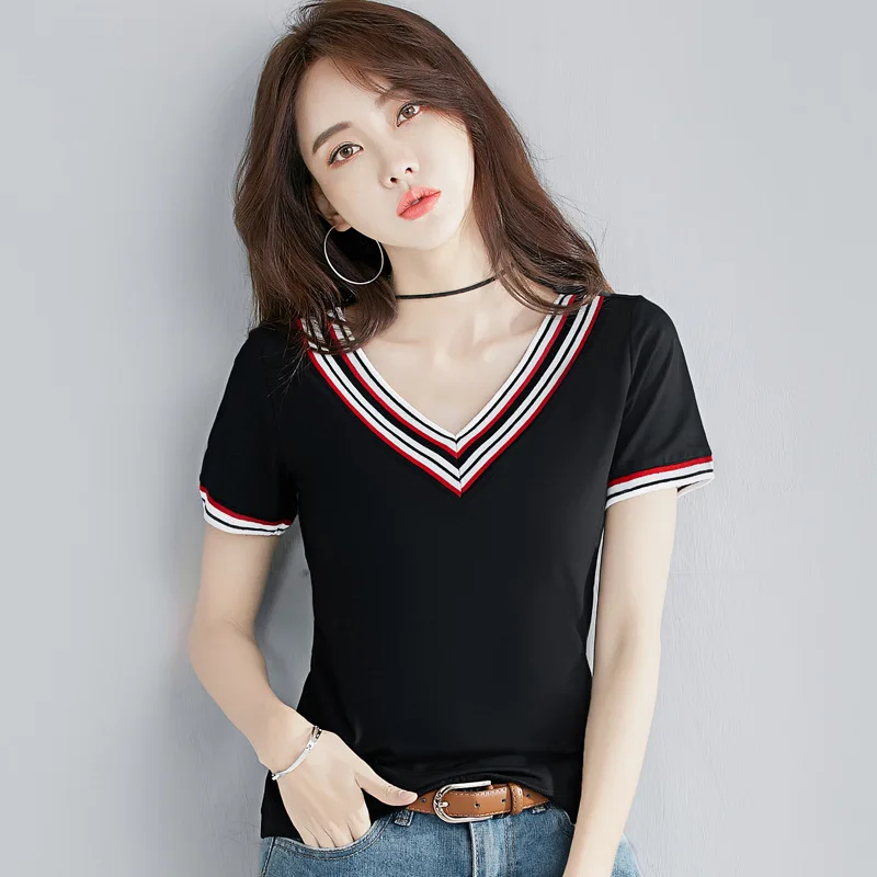 

2022 New Contrasting Colors Top V-Neck Striped T Shirt Women Summer T-Shirt Cotton Short Sleeve Tshirt Korean Fashion Clothing