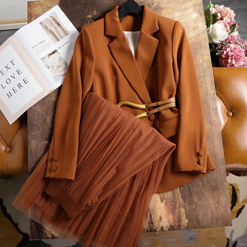 

2021 Plus Size Women's Suit Blazer Dress Long Jacket Mesh Dresses Two Piece Set With Belt Elegant Women Winter Coat Dress Sets