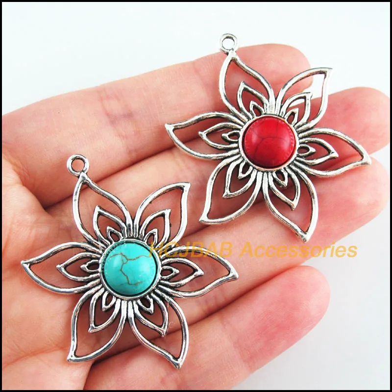 

4Pcs Retro Tibetan Silver Tone Sun Flower Blue&Red Stone Charms Pendants 37.5x47mm
