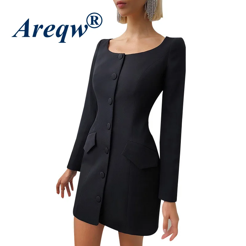 

New Temperament Commuter Cardigan Dress Long Sleeve Black High Waist Short Skirt Round Neck Dress