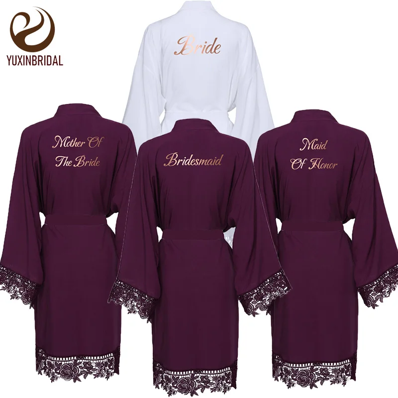 YUXINBRIDAL 2019 фиолетовое однотонное хлопковое кимоно халат с кружевной отделкой