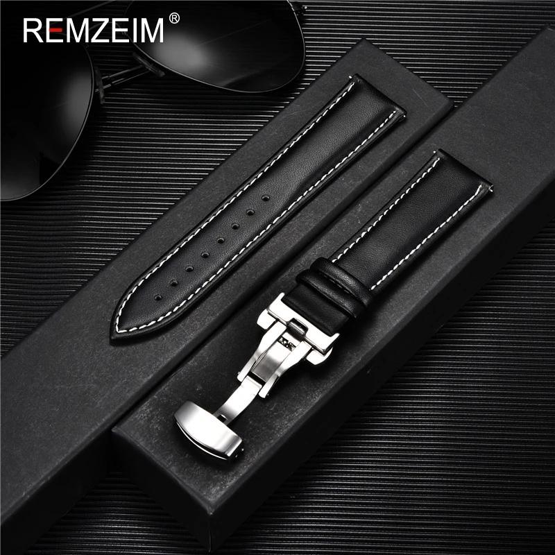 REMZEIM Calfskin Leather Watchband Soft Material Watch Band Wrist Strap 18mm 20mm 22mm 24mm Stainless Steel Butterfly Buckle