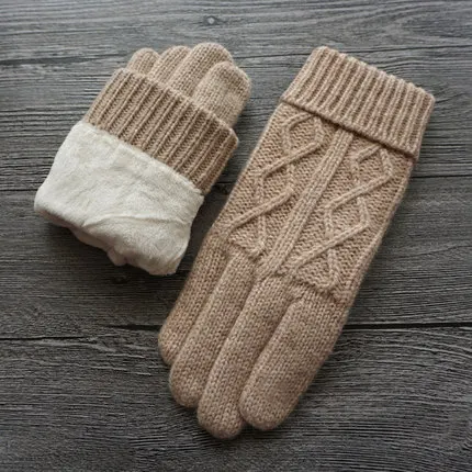 light Brown A53 Высококачественные осенние зимние женские вязаные перчатки, перчатки с сенсорным экраном, бархатные толстые теплые шерстяные кашемировые однотонные перчатки, Женские варежки - Цвет: light Brown A53