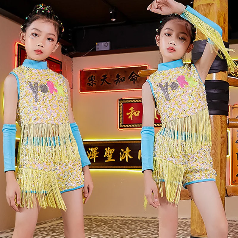 

2021 NEW Girls Jazz Dance Costume Sequins Suit Children Modern Cheerleader Stage Show Wear Girl Hip Hop Street Dancing Outfit