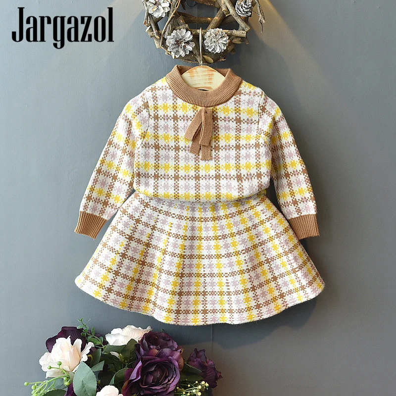 Зимняя одежда для девочек Вязаный свитер и юбка принцессы осенний костюм