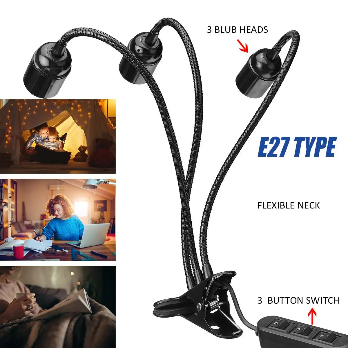 Гибкий 3 головки клип на Настольный Светильник E27 лампа подставка держатель