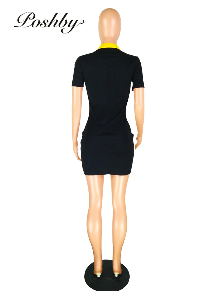 

Poshby Summer Casual Patchwork Short Sleeve Dress Fashion Front Zipper Stretch Bodycon Mini Dress 2021 Women Streetwear Clothing