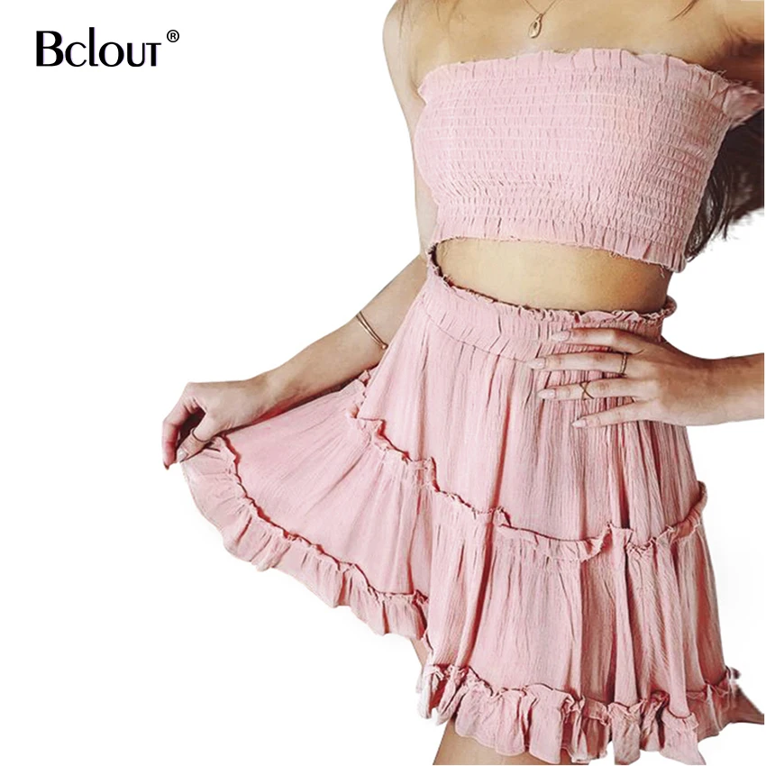Bclut/розовый женский комплект 2 шт. укороченный топ без рукавов и юбка с оборками