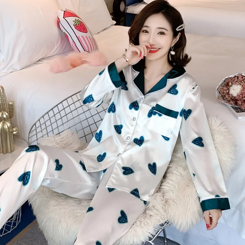 M-XXL Spring Autumn Pijama Mujer Long-Sleeved Faxu Silk Pajamas Women's Full Length Pyjamas Women Home Clothes Sleepwear