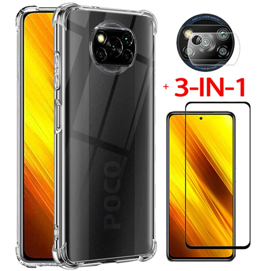 

3-in-1, case for poco x 3 nfc shockproof silicone phone cases poco f3 m4 m3 pro 5g xiaomi poco-x3 glass cover pocophone x3 nfc