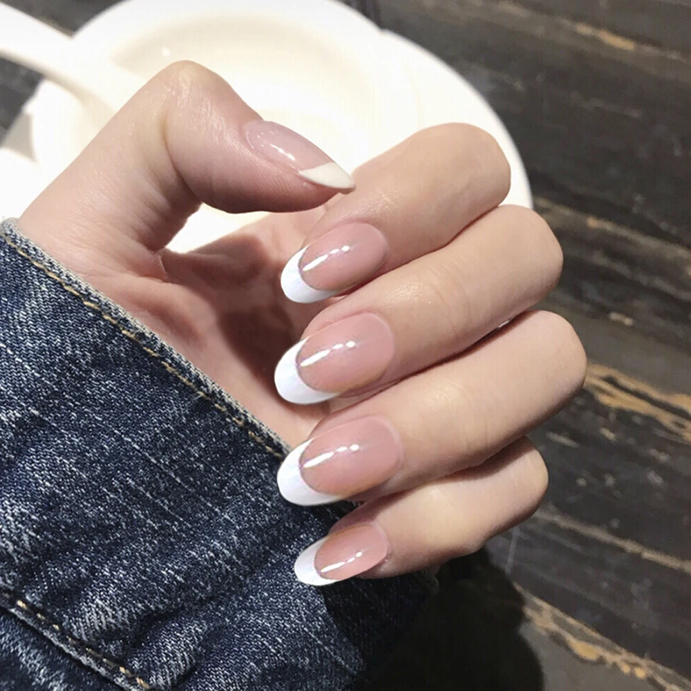 24 шт. натуральные накладные ногти с прозрачным блестящим узором короткие