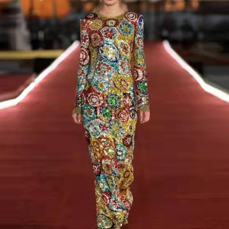 

Fashion Runway 2021 Autumn Sicily Dress Women New Design Vintage Printed Beading Diamonds Sequined High Quality Party Dresses