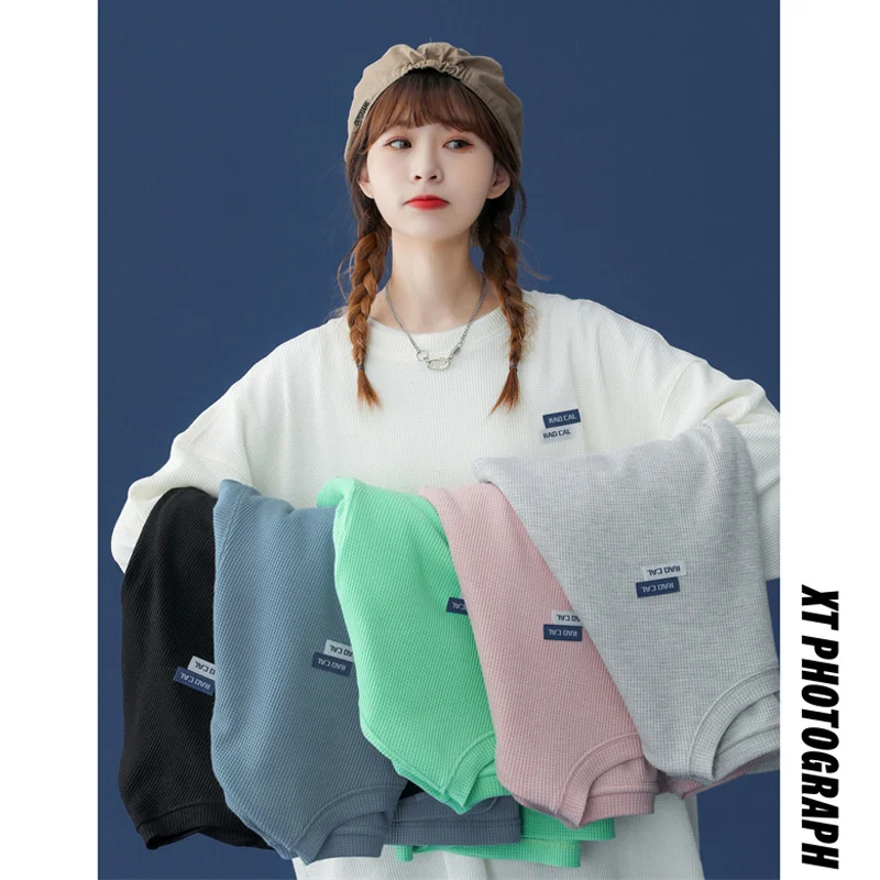 Вафельная футболка с длинным рукавом женская Свободная майка в Корейском стиле