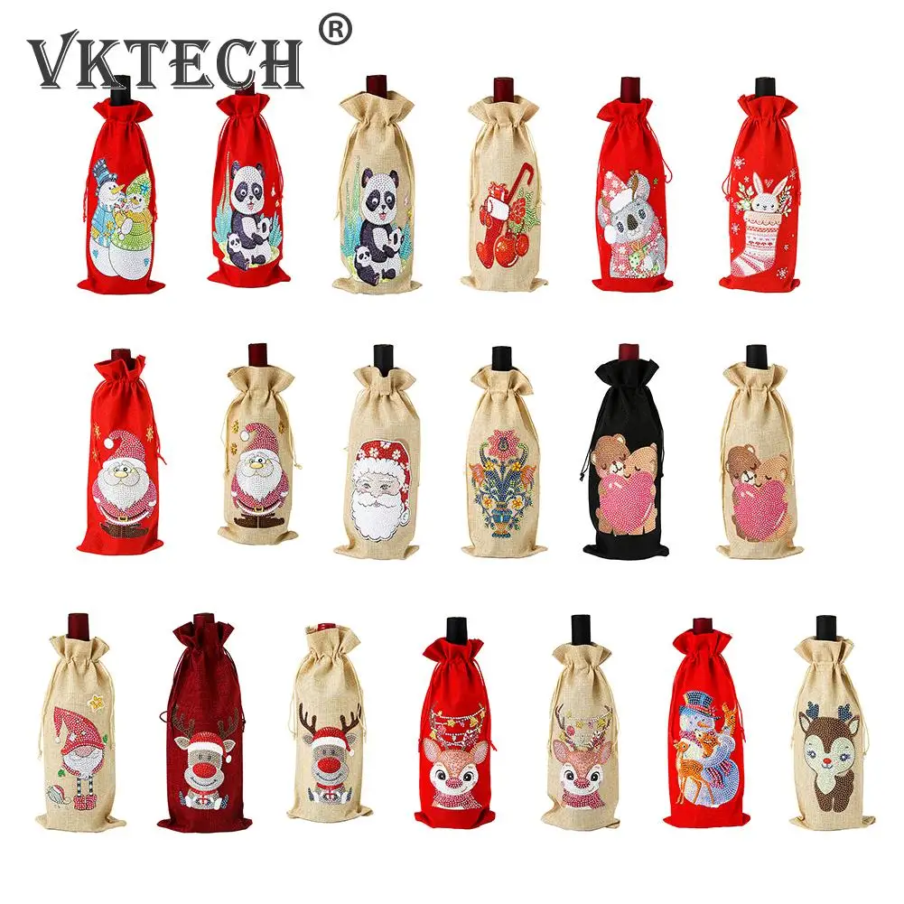 

Dutch Diamond Painting Red Wine Bottle Bag Cover DIY Embroidery Kit Gift Burlap Bag Diamond Cross Stitch for Christmas Home Deco