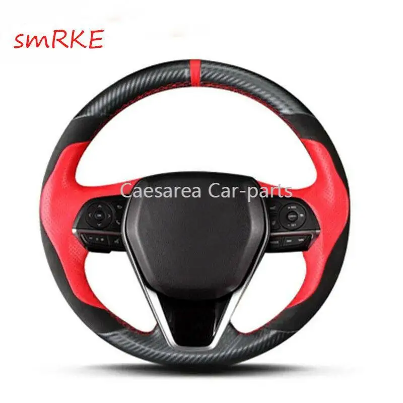 

Hand sewing Carbon fiber Red leather steering wheel cover for Toyota camry 2018