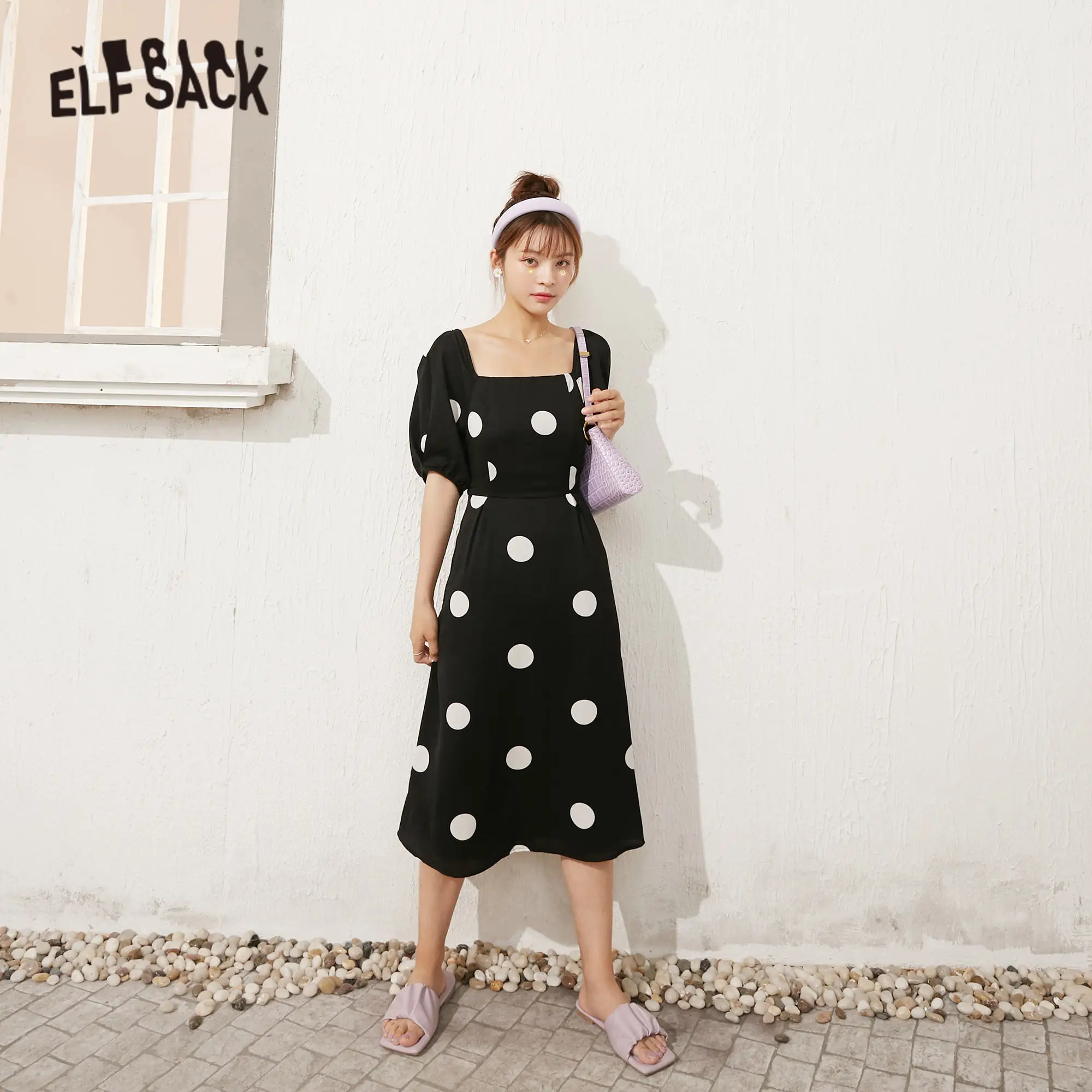 Женское шифоновое платье ELFSACK черное винтажное в горошек с открытой спиной на