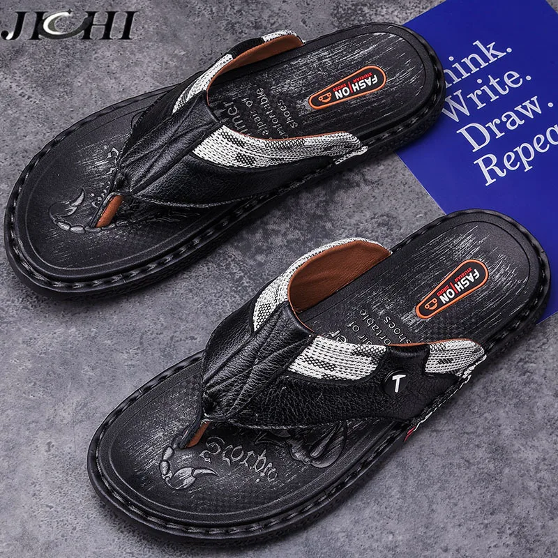 

2021 Men Slippers Flip Flops Genuine Leather Summer Men Sandals Non-slip Beach Outdoor Comfort Soft Handmade Designer Big Size