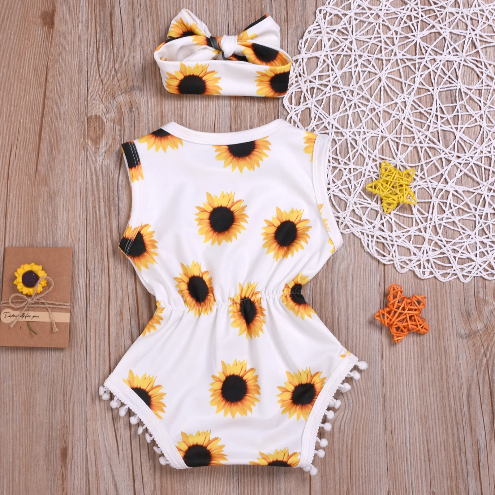 

2020 New 0-18M Toddler Baby Girl Summer 2Pcs Set Sunflower Prints Ball Tassels Sleeveles Bodysuit+Headband Floral Infant Outfit