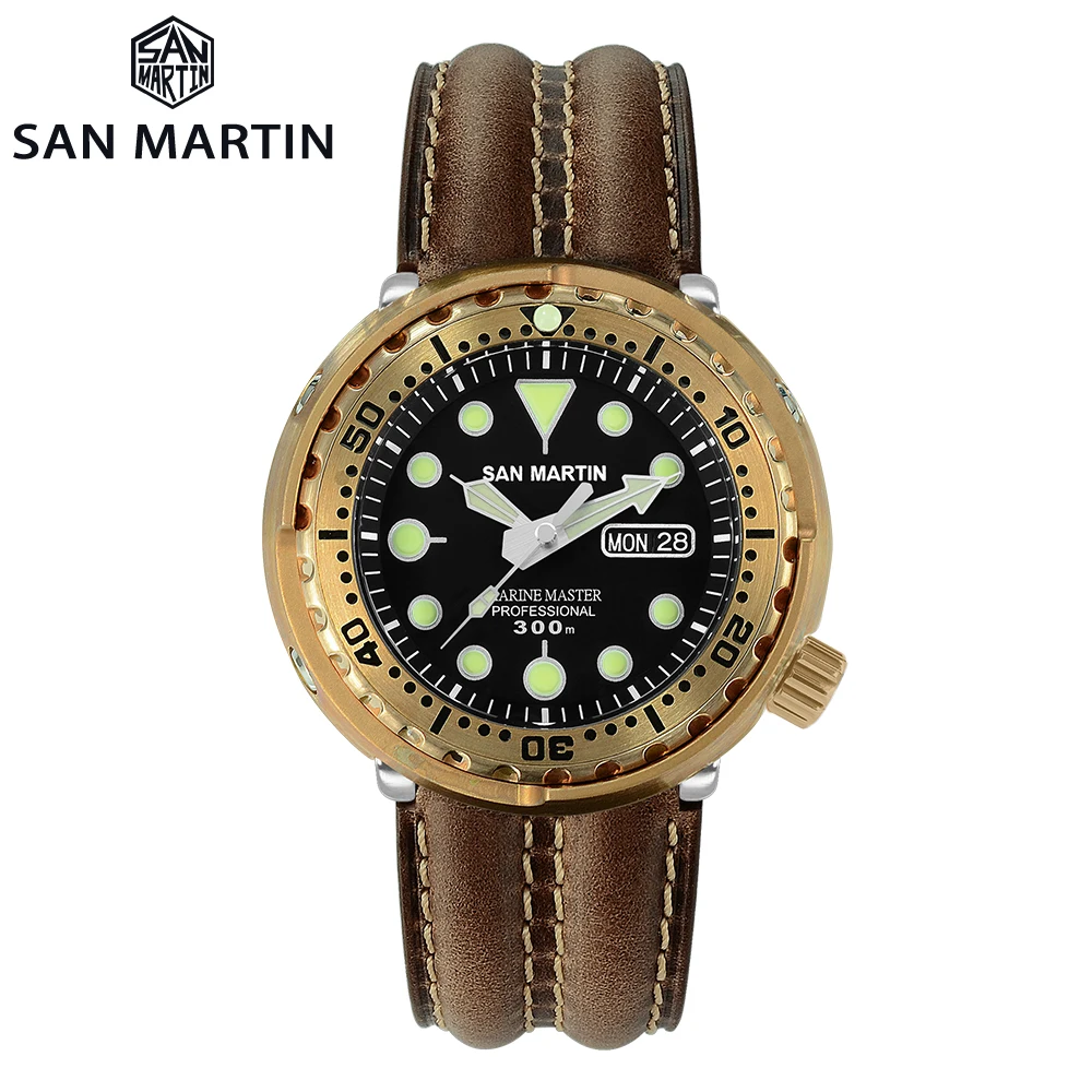 

San Martin Diver Tuna Bronze Automatic Mechanical Men Watch Leather Strap Sapphire Luminous 300M Waterproof Calendar Windows