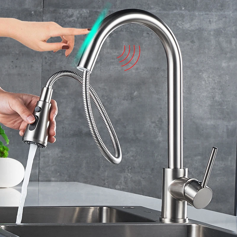 Смеситель кухонный с сенсорным датчиком автоматический выдвижной кран из