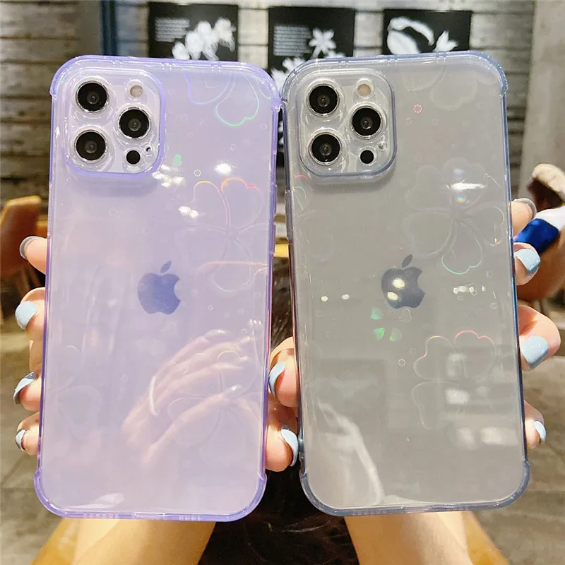 Ottwn Holographic Flower Transparent Case With Hearts For iPhone 11 12 Pro Max 13 XR 7 8 Plus XS X SE 2020 Colorful Laser Cover