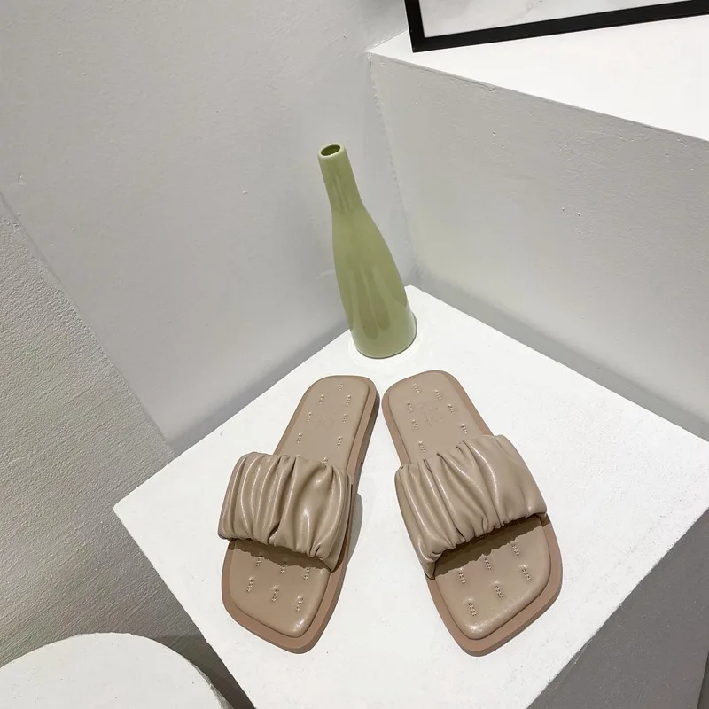 

Slippers Casual Summer Women's Shoes Rubber Flip Flops Slides Low Pantofle Luxury Flat Hawaiian Soft 2021 Pleated Leisure PU Fas