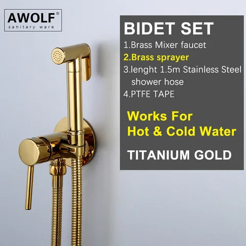 Awolf Смеситель для биде для унитаза Titanium Gold Гигиенический душ для ванной комнаты Твердая латунь Распылитель для биде с горячей и холодной водой Douchette WC AP2237
