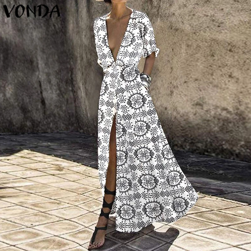 VONDA женское леопардовое платье Новое Осеннее сексуальное длинное вечернее платье с v-образным вырезом и высокой талией винтажное Повседневное платье размера плюс Vestidos